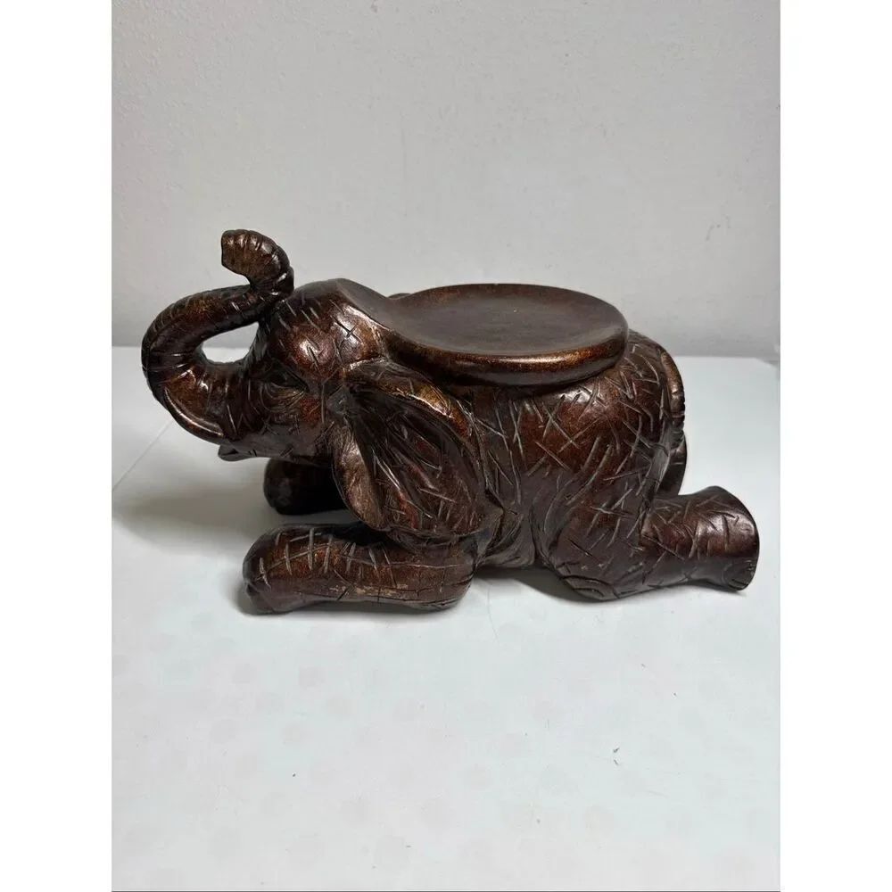 Vintage Elephant Candle Stand/Plant Holder Carved Wood Look